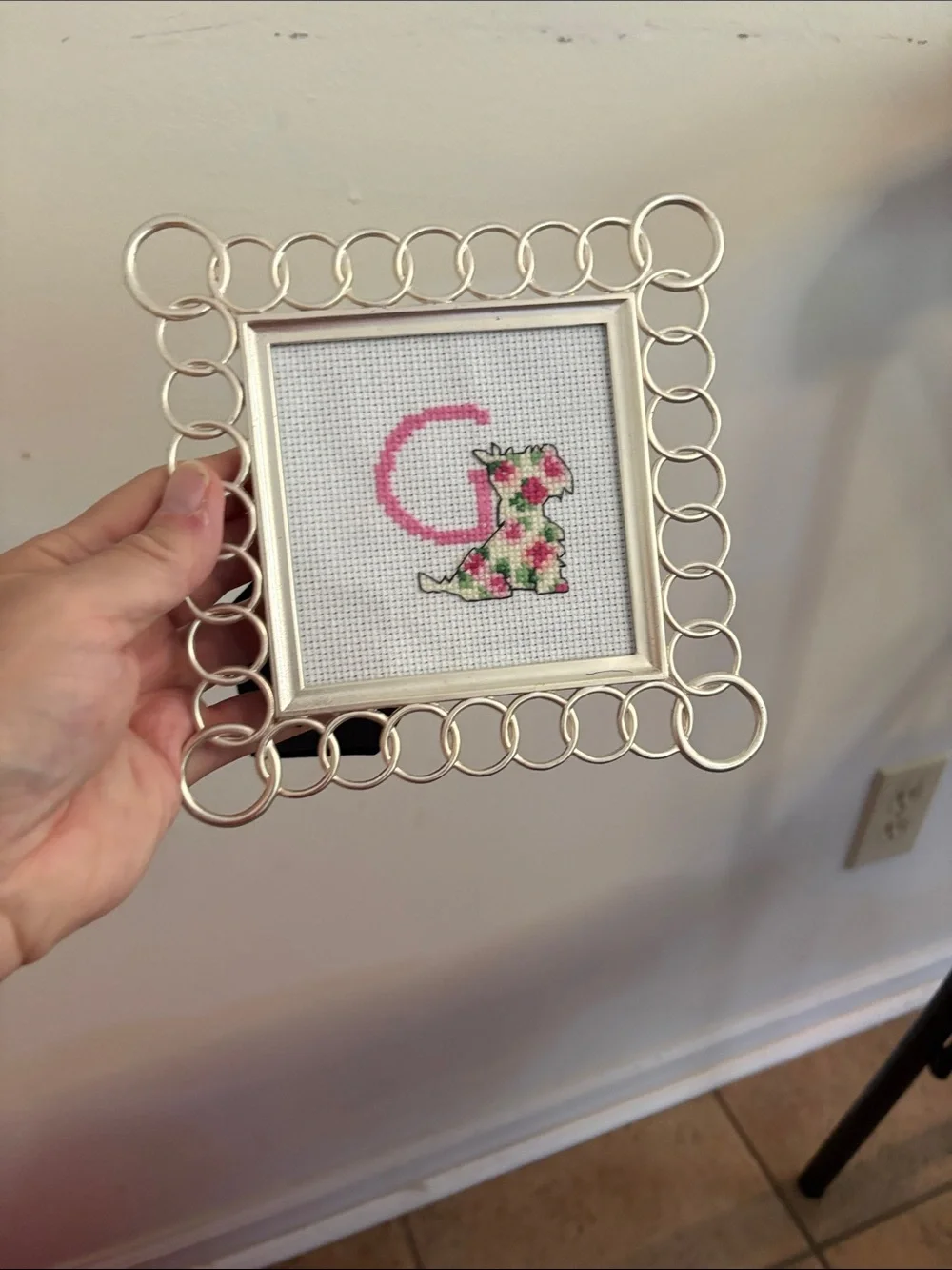 Silver Loop Picture Frame with Pink Floral Dog cross stitch G Monogram Accent